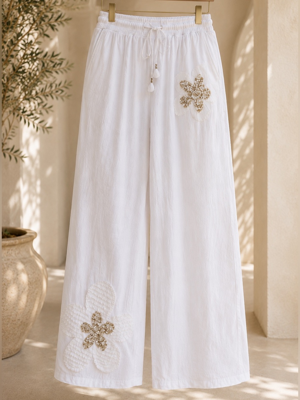 SM169 | Made in Italy | 100% Linen Floral Wide-Leg Pants - Picture 2 of 3